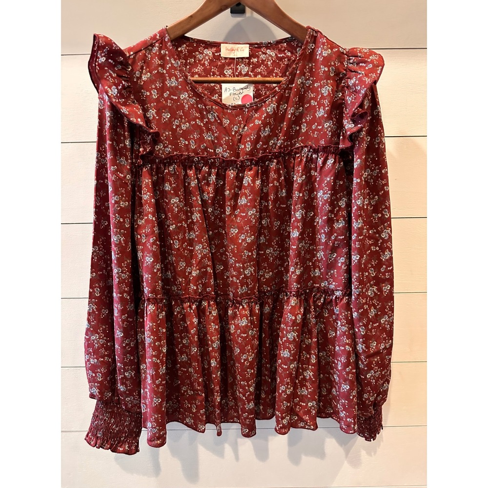 Hailey & Co Burgundy Floral Ruffle Tiered Babydoll Top Smocked Long Sleeve L